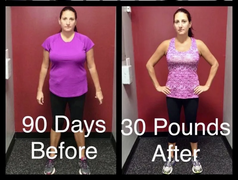Client front view before and after 90 days, 30 pounds lost